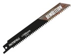 A reciprocating saw blade with a universal tang fitting and bi-metal teeth, for demolition cutting through timber, nails, and pipe.