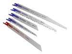 A reciprocating saw blade with a universal tang fitting and bi-metal teeth, for demolition cutting through timber, nails, and pipe.