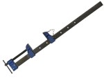 A Faithfull sash clamp with a long steel bar, a fixed jaw, and a sliding adjustable tail stop, for clamping wide assemblies during gluing.