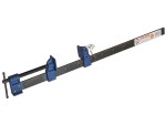 A Faithfull sash clamp with a long steel bar, a fixed jaw, and a sliding adjustable tail stop, for clamping wide assemblies during gluing.
