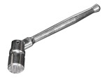 A scaffold spanner with a box-section ratcheting ring and a pointed podger bar handle, for assembling scaffold tube fittings.