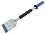 A metal scraper tool with a wide, flat blade, a black foam grip on the handle, and a blue plastic end grip, designed for removing materials from flat surfaces.
