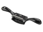 A black metal spokeshave with two handles and an adjustable blade in the center, typically used for shaping and smoothing wood.