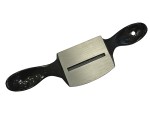 A metal spokeshave tool with a flat blade in the center and two black handles on either side, used for shaping and smoothing wood.