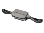 A metal spokeshave tool with a flat blade and two curved handles on either side, used for shaping and smoothing wood.