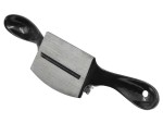 A metal woodworking spokeshave with a straight blade and two black handles, viewed from above on a white background.
