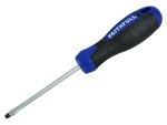 A Faithfull flathead screwdriver with a comfort-grip handle and a hardened steel tip, for general assembly and fastening work.
