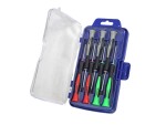A set of 7 Faithfull screwdrivers with colour-coded handles covering a range of flathead and Phillips sizes.,