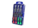 A set of 7 Faithfull screwdrivers with colour-coded handles covering a range of flathead and Phillips sizes.,