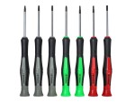 A set of 7 Faithfull screwdrivers with colour-coded handles covering a range of flathead and Phillips sizes.,