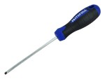 A Faithfull flathead screwdriver with a comfort-grip handle and a hardened steel tip, for general assembly and fastening work.