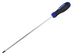 A Faithfull Pozi screwdriver with a comfort-grip handle and a hardened steel tip, for general assembly and fastening work.