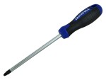 A Faithfull Pozi screwdriver with a comfort-grip handle and a hardened steel tip, for general assembly and fastening work.