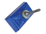 A rectangular blue tamping tool with a metal shaft extending from the center, designed for attaching to a power tool for compacting surfaces.
