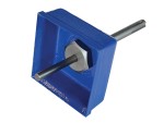 A blue metal tool with a square plate, a cylindrical rod passing through its center, and a hexagonal nut securing the rod in place. The tool appears to be used for mechanical or industrial purposes.