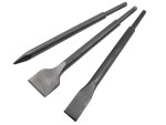 A hardened steel SDS demolition chisel with a wide flat blade, designed for use with SDS rotary hammers to break out tiles, mortar, and concrete.