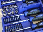 A set of 63 Faithfull screwdrivers with colour-coded handles covering a range of flathead and Phillips sizes.,