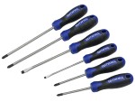 A set of six Faithfull screwdrivers with blue and black handles, arranged in a row. The set includes both flathead and Phillips screwdrivers of varying sizes.