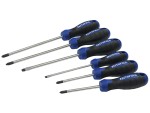A set of six screwdrivers with black and blue handles, arranged in a row. The set includes both flathead and Phillips screwdrivers of varying sizes. The handles are labeled FAITHFULL.