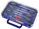 A clear plastic case containing a set of blue and black screwdrivers with Faithfull branding, along with a red tool, all neatly organized in individual slots.