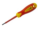 A Faithfull VDE-insulated flathead screwdriver with a 1000V-rated rubber handle, for safe use on live electrical equipment.