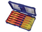 A set of 6 Faithfull screwdrivers with colour-coded handles covering a range of flathead and Phillips sizes.,