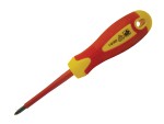 A Faithfull VDE-insulated Pozi screwdriver with a 1000V-rated rubber handle, for safe use on live electrical equipment.