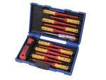 A set of 13 Faithfull screwdrivers with colour-coded handles covering a range of flathead and Phillips sizes.,