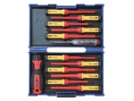 A set of 13 Faithfull screwdrivers with colour-coded handles covering a range of flathead and Phillips sizes.,