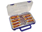A set of 8 Faithfull screwdrivers with colour-coded handles covering a range of flathead and Phillips sizes.,