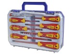 A set of 8 Faithfull screwdrivers with colour-coded handles covering a range of flathead and Phillips sizes.,