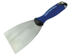 A 100mm flexible filling knife with a thin steel blade and a painted wooden or plastic handle, for applying and smoothing filler and caulk.
