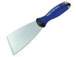A 100mm flexible filling knife with a thin steel blade and a painted wooden or plastic handle, for applying and smoothing filler and caulk.