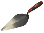 A Faithfull trowel with a polished steel blade and an ergonomic handle, for applying and finishing mortar, plaster, and adhesive.