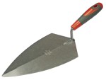 A Faithfull trowel with a polished steel blade and an ergonomic handle, for applying and finishing mortar, plaster, and adhesive.