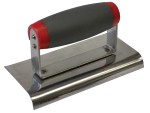 A Faithfull trowel with a polished steel blade and an ergonomic handle, for applying and finishing mortar, plaster, and adhesive.