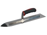 A Faithfull trowel with a polished steel blade and an ergonomic handle, for applying and finishing mortar, plaster, and adhesive.