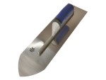 A Faithfull trowel with a polished steel blade and an ergonomic handle, for applying and finishing mortar, plaster, and adhesive.