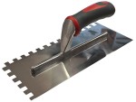 A Faithfull notched tile trowel with 10mm notches for combing adhesive on floors and walls, ensuring even coverage beneath tiles.