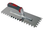 A Faithfull notched tile trowel with 10mm notches for combing adhesive on floors and walls, ensuring even coverage beneath tiles.