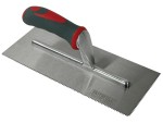 A Faithfull notched tile trowel with 3mm notches for combing adhesive on floors and walls, ensuring even coverage beneath tiles.