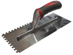 A Faithfull notched tile trowel with 6mm notches for combing adhesive on floors and walls, ensuring even coverage beneath tiles.