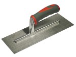 A Faithfull plasterer's finishing trowel with a thin, flexible steel blade and a turned wooden handle, for achieving smooth plaster surfaces.