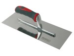 A Faithfull plasterer's finishing trowel with a thin, flexible steel blade and a turned wooden handle, for achieving smooth plaster surfaces.