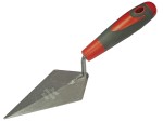 A Faithfull pointing trowel with a small triangular steel blade and a turned wooden or plastic handle, for filling and pointing mortar joints.
