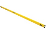 A yellow spirit level with black end caps is shown at an angle. It has bubble vials for measuring horizontal and vertical alignment.,