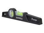 A black Faithfull Prestige spirit level with two green bubble vials, used for checking horizontal and vertical alignment. The tool has a hole at one end for hanging.