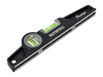 A black and silver spirit level with two bubble vials, branded Faithfull Prestige, used for checking horizontal and vertical alignment.
