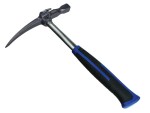 A hammer with a steel head and a steel-handled handle, for general fastening and construction use.