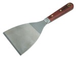 A 100mm flexible filling knife with a thin steel blade and a painted wooden or plastic handle, for applying and smoothing filler and caulk.